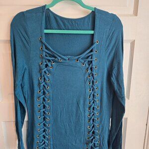 💎 Venus Blue Grommet Lace-Up Long Sleeve Top - large
